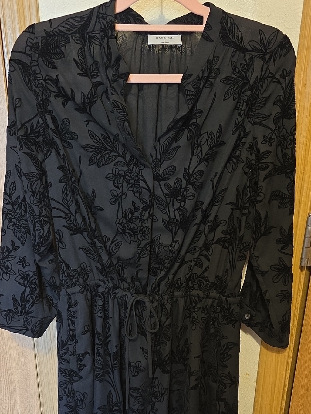 Babaton Black Floral Devore Wrap-Style Long Sleeve Dress